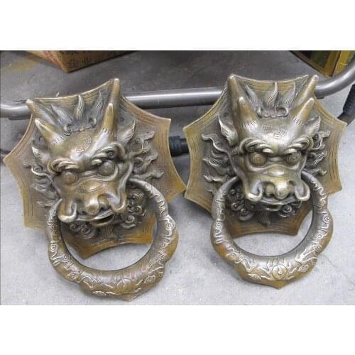 Bi002081 10"Feng shui china folk bronze Dragon head knocker Knock door ring statue Pair