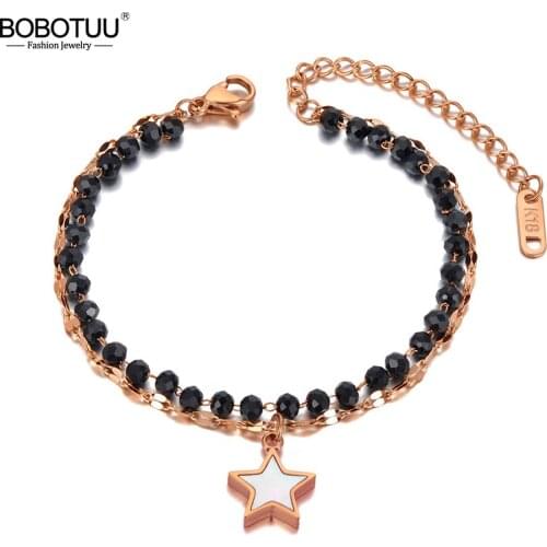 BOBOTUU Double Layer Stainless Steel Shell Star Charm Bracelets For Women Bohemia Black Crystal Chain Link Jewelry BB20178