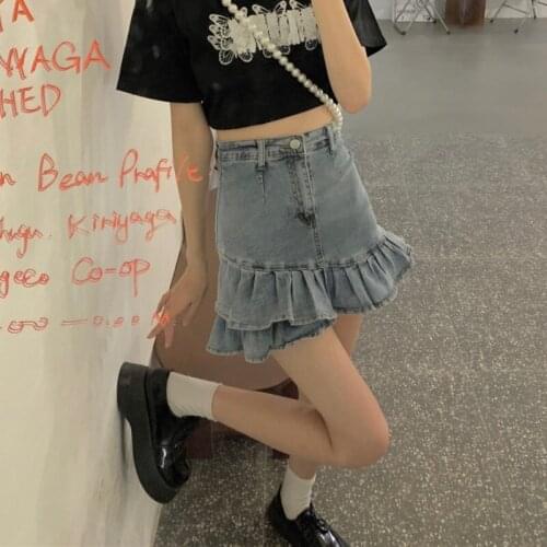 Denim Skirt Female Summer New Korean Style High Waist Slimming Sweet and Spicy Ruffled Denim Fishtail Skirt