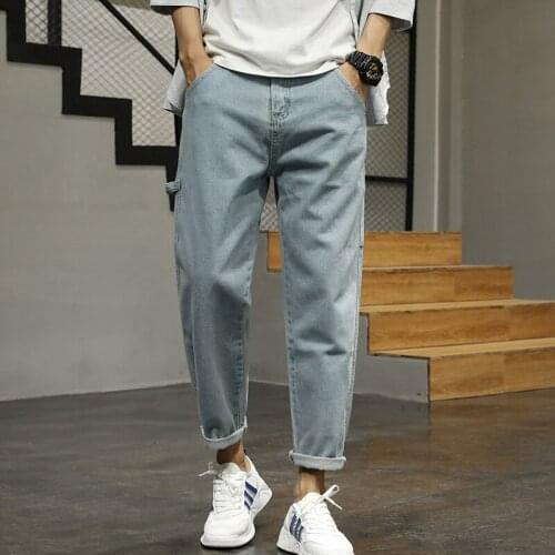 Fashion Mens Pants Slim Fit cotton Flat Bottom Classic Full Length Casual Long Jeans Men Korean Washed Denim blue Trousers