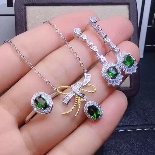 Lovely bowknot Natural green diopside gem S925 silver ring Necklace earrings natural gemstone Jewelry Set girl party jewelry