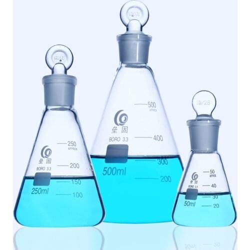 50ml to 1000ml Lab Borosilicate Glass Erlenmeyer Conical Flask with #19 #24 #29 Ground-in Ring Stopper