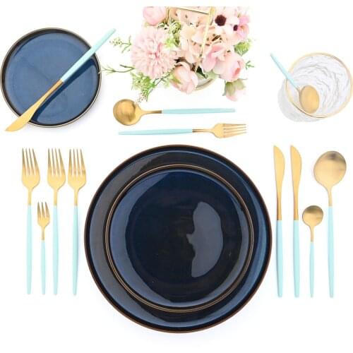 JANKNG Green Gold Cutlery Set Stainless Steel Dinnerware Set Flatware Knife Fork Spoon Cutlery Set Kitchen Tableware Service 6