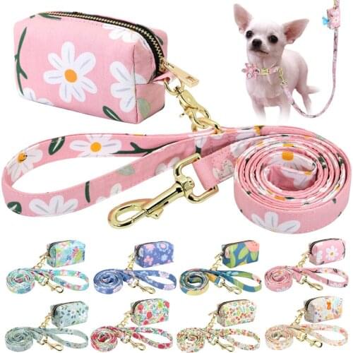 Flower Printed Dog Leash With Bag Small Medium Large Dog Pet Leashes Floral Print Nylon Dog Lead with Treat Bag Snack Bag