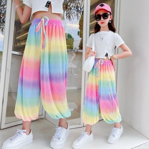 Rainbow Cargo Pants for Girls Summer Cotton Anti-Mosquito Pants Loose Pants Children Cool Streetwear Trousers 6 8 10 12 14 Years