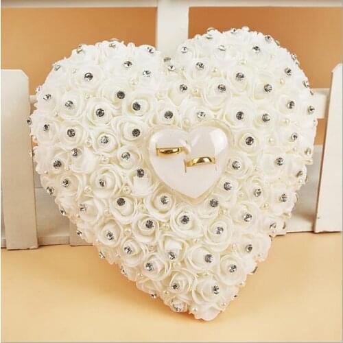 Rose Wedding Ring Pillow with Gift Ring Box Wedding Ring Holder Bearer Box Heart Shape Design Rhinestione For Wedding Decoration