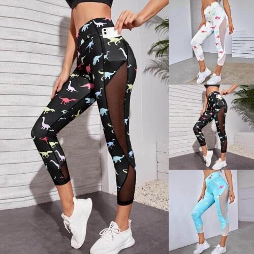 Mesh Patchwork Leggings Women Pocket Cartoon Dinosaur Printed Pants Workout Tights Fitness Sports Running Yoga Athletic Pants