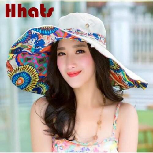 Sun Hat For Women Foldable Summer Large Brim Beach Hat Cap Reversible Flower Printed Wide Brim Female Panama 6 colors