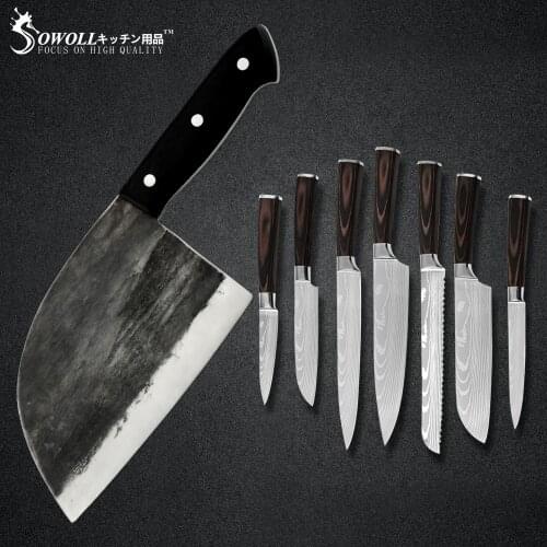 Sowoll Handmade Forged Butcher Kitchen Chef Knives Set Stainless Steel Sharp Blade Damascus Pattern Blade Cleaver Chopper Tools
