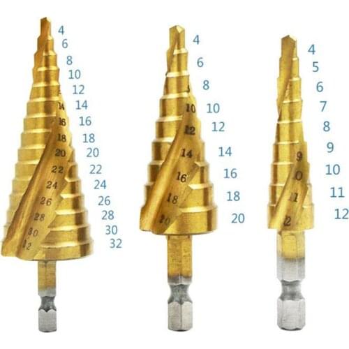 3PCS HSS Spiral Grooved Center Ladder Drill Bit Titanium Coated Step Cone Drill Bit Hex Core Drill Bits Mini Drill Accessories