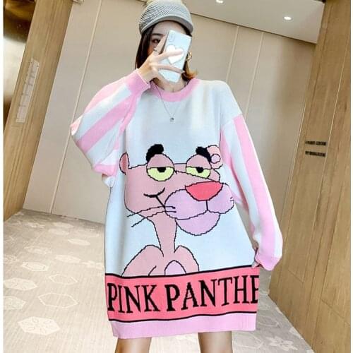 Japanese Spring Women Sweater Harajuku Vintage Pink Panther Cartoon print Loose Long Top O-Neck pullover Cute knitted Sweaters