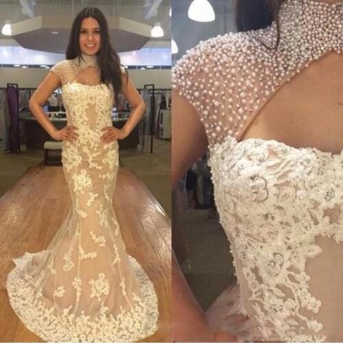Pearls Beaded High Neck Prom Dresses South African Lace Mermaid Evening Gowns Cap Sleeves Party Dress Vestidos