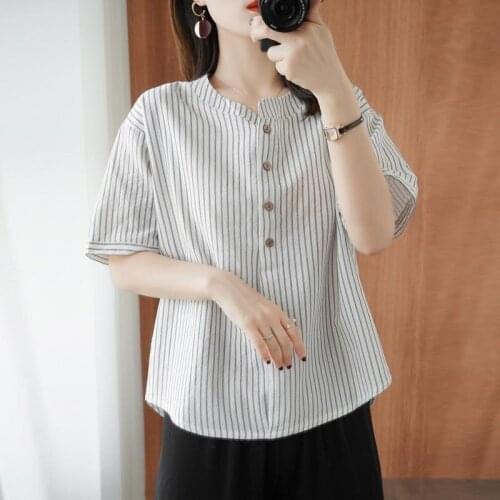 Women Vintage Casual Chemise Stripe Print COTTON LINEN Blouses Half Sleeve O-Neck Shirt Tops Plus Size 4XL Blusa Feminina Y224