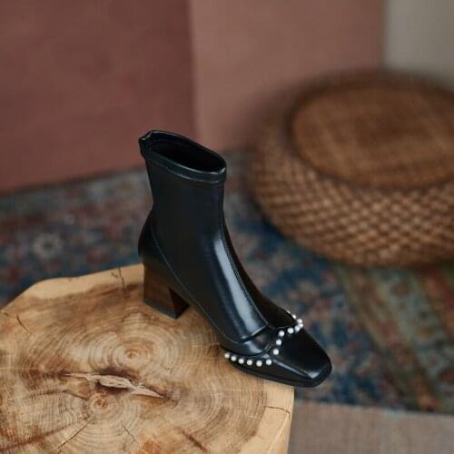 QZYERAI 2021 Leather Women Ankle Boots Sock Boots Autumn Party Short Boots Mid Heeled