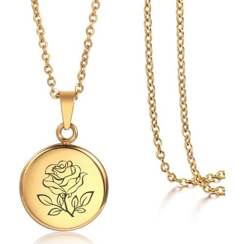 Danity Birth Month Flowers Pendant Neckalce for Women Elegant Rose Daisy Coin Disc Charm Choker Friendship Birthday Gifts KP667