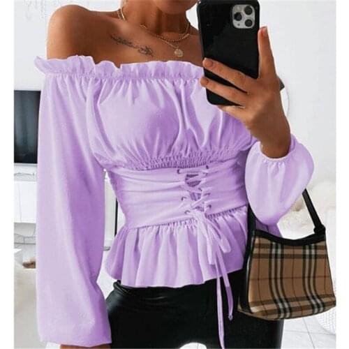 2020 Solid Color Office Shirt Women Blouses Autumn Spring Bandge Lace-up Lantern Sleeve Shirt Elegant Office Off-shoulder Blouse