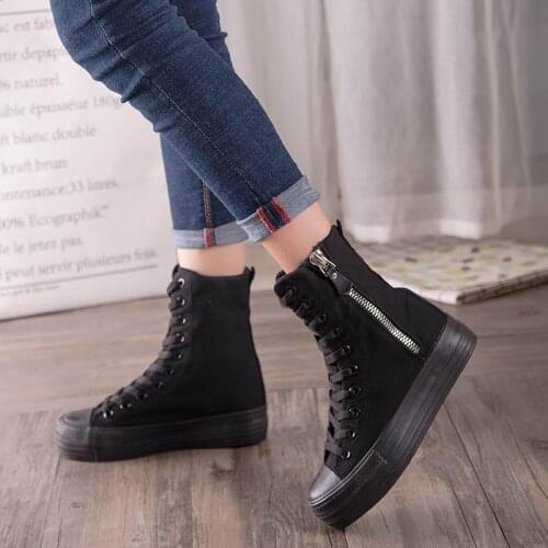 Lace Up Platform Boots Woman Canvas Black Shoes Spring Autumn Fashion Platform Shoes Women White High Quality Boots classic