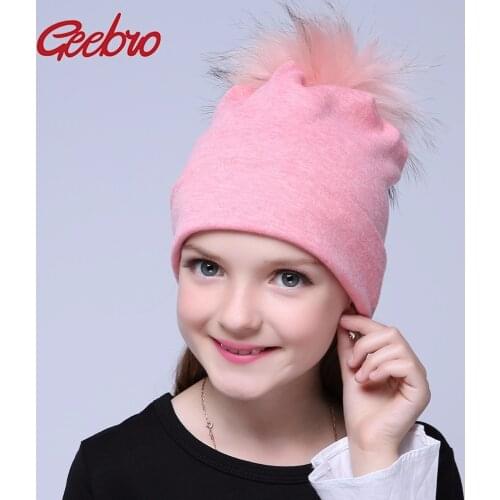 Geebro Brand Autumn Pom Pom Beanie Hat For Girls Casual Cotton Warm Kintted Raccoon Fur PomPom Beanie Kids Fur Pompom Hat GS020