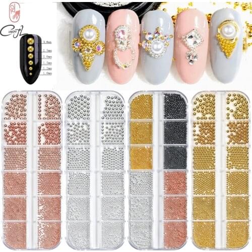 CHNRMJL 12Grids 6 Sizes Stainless Nail Caviar Ball Beads 3D Charm Silver Rose Gold Rhinestones Studs DIY Nails Art Decorations