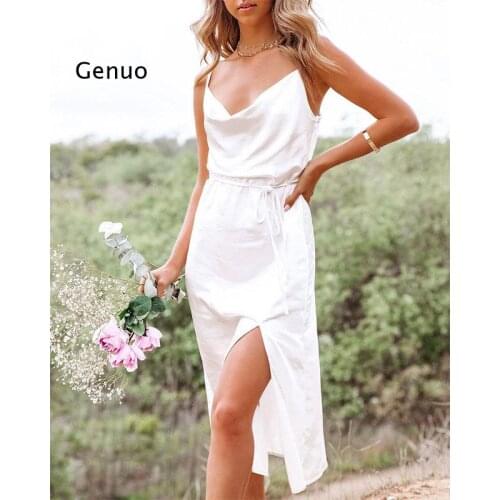 Elegant White Dresses Summer 2021 Ladies Long Skirt with Slit Hem Womens Sling Satin Swinging Collar Ins Sexy Dress