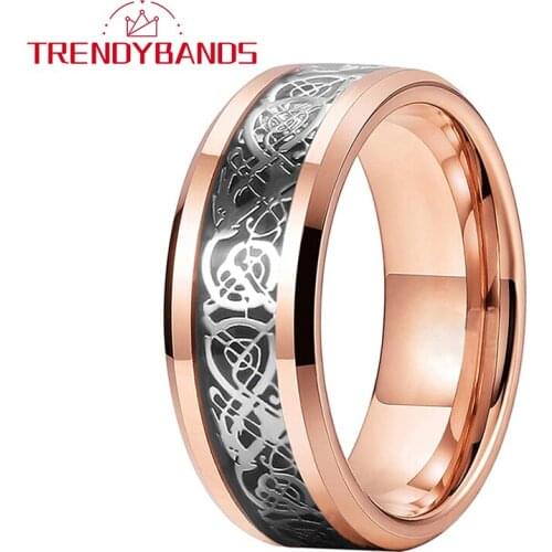 Rose Gold Tungsten Rings Dragon Black Carbon Fiber Inlay For Men Women Wedding Bands Beveled Edges Polished Shiny Comfort Fit