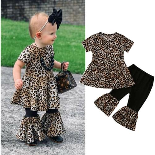 Fashion Toddlers Newborn Baby Girl Clothes Short Sleeve Leopard Printed Dress Top Wide Leg Pants Baby Girl Autumn Outfit 0-3T