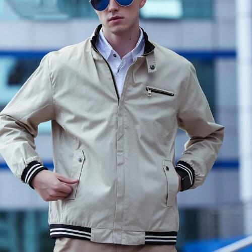 Spring Autumn Winter Man 100% Cotton Stand Collar Rib Long Sleeve Male Solid Zippers Navy Beige Casual Men Jacket