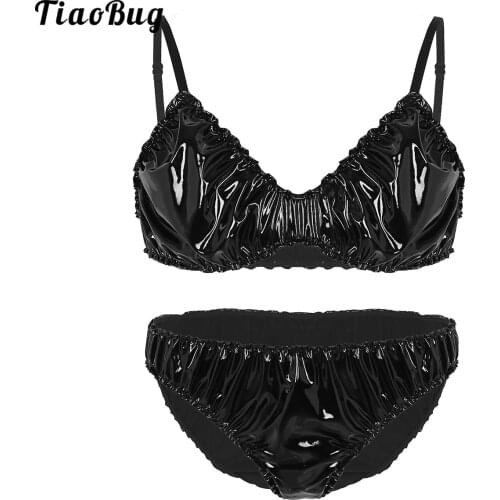 TiaoBug 2Pcs Mens Sissy Wetlook Faux Leather Ruffled Lingerie Set Adjustable Spaghetti Strap Bra Top With Briefs Underwear