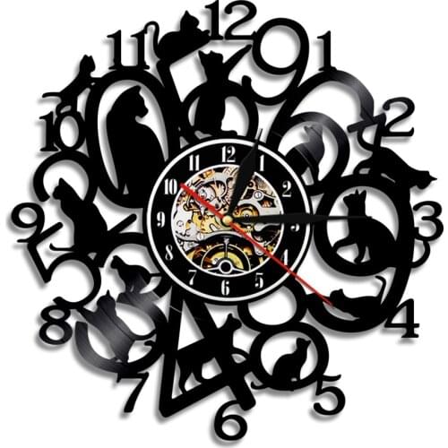 Cats Silhouette Laser Cut Longplay Wall Clock Retro Clinic Pet Shop Animal Art Decor Kitten Vinyl Album Re-purposed Record Clock