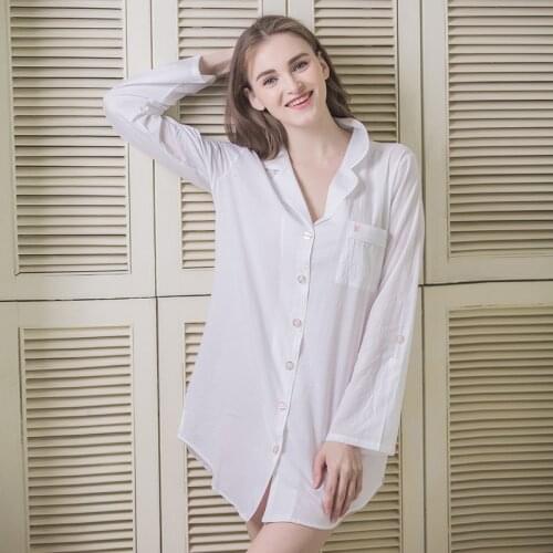 New White Cotton Shirt Short Nightgown Long sleeves Chemise Nightdress Women Pyjamas sexy sleep dress Sleepshirts Home Clothes