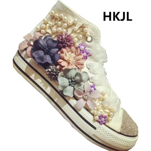 Flat bottom new fashion flowers three-dimensional high-top thickening inside increased canvas shoes rhinestone customization