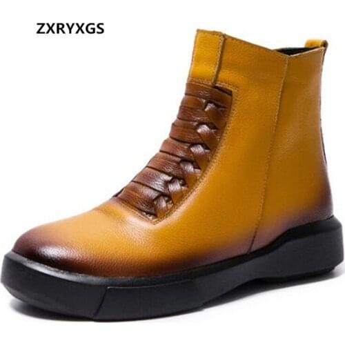 2020 New Fashion Autumn Winter Boots Women Boots Flat Casual Shoes Black Yellow Genuine Leather Boots Woman Shoes Martin Boots