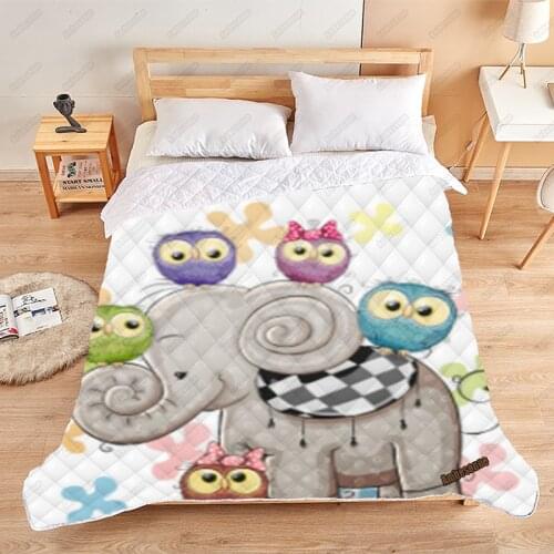 Cute Baby Elephant And Owl Printed Quilt Summer Quilt Kids Adult Quilted Bed Covers And Bedspreads Sofa Throw Quilt Picnic Quilt