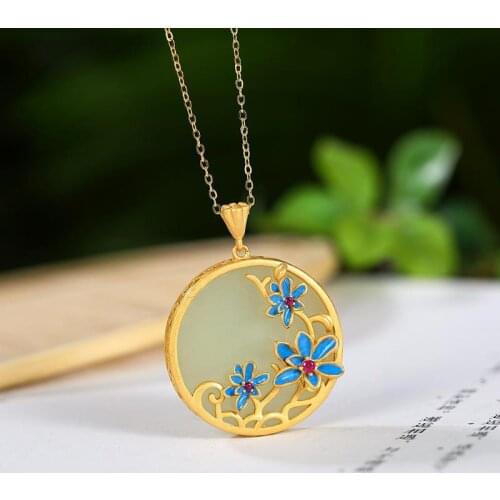 Original S925 Sterling Silver Gold-Plated Natural Hetian Jade Inlaid Scenery National Style Elegant Flower Peace Buckle Temperam