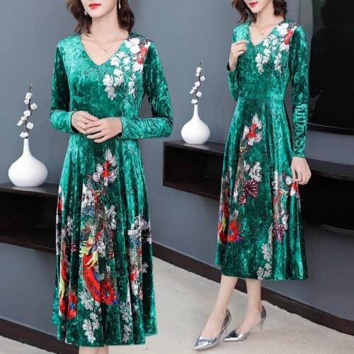 Autumn Women Dress 2019 New Fashion V-Neck Velvet Dress Elegant Women Long Sleeved Floral Printed Casual Dresses