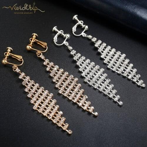 Luxury Gold Silver Full Rhinestone Rhombus Clip On Earrings For Women Without Piercing Wedding Ear Clips Bridal Party Jewelry