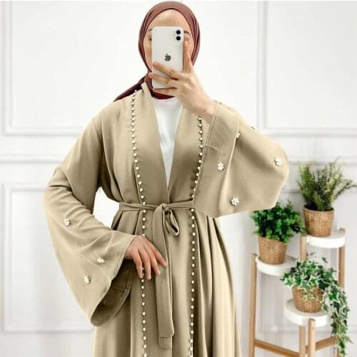 Hand Made Pearls Beading Muslim Abaya Hot Sale Elegant Pure Color Long Muslim Abayas Women Modest Wear Clothing EID Robes WY004