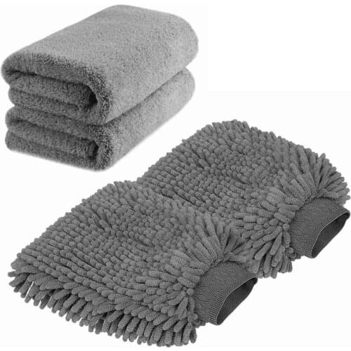 Large Size Car Wash Mitt - Premium Chenille Microfiber Wash Glove and Microfiber Towels - Lint Free - Scratch Free (2X Towels