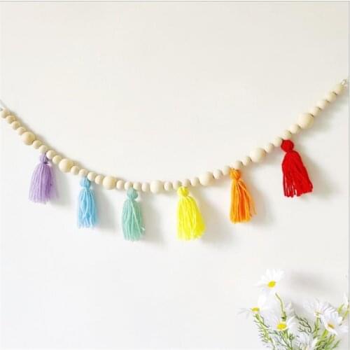 INS Nordic Macaron Wooden Beads Tassel Garland String Baby Kids Room Decoration Wall Hanging Ornaments Nursery Decor Photo Props