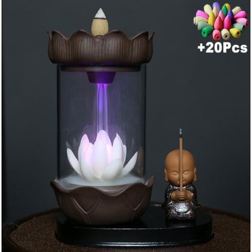 Color Changing LED Light Windproof Waterfall Incense Burner Zen Peaceful Monk Lotus Incense Stick Holder Lucky Home Decoration