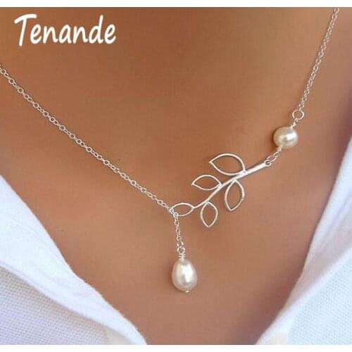 Tenande Hot Sale Silver Color Big Leaf Simulated Pearl Water Droplets Necklaces & Pendants for Women Jewelry Accessories Collier