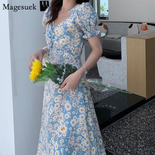 Vintage Summer Floral Dress Female Puff Short Sleeve Plus Size Printed Dress Women Eleagnt Bohemian Long Dresses Vestidos 14690