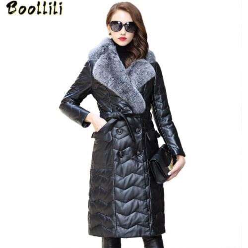 Boollili Womens Real Leather Jacket Winter Sheepskin Down Jacket Fox Fur Collar long Ladies Geniuin Leather Jackets 2020