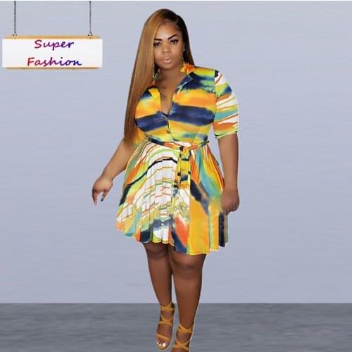 XL-4XL women sumer clothing plus size dress fashion temperament printing half sleeve button collar casual Wholesale Dropshipping