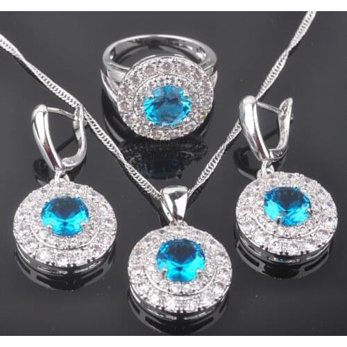 Sky Blue Stone Cubic Zirconia Womens Silver Plated Jewelry Sets Earrings Pendant Necklace Rings QZ0268