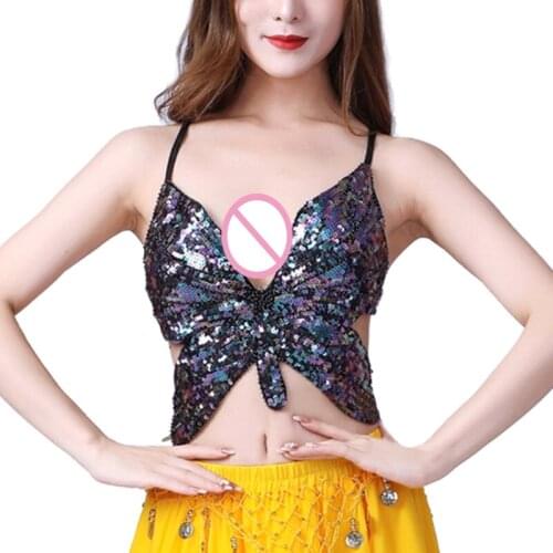 Womens glitter sequins tassel sling crop top sexy Latin belly dancer H9ED