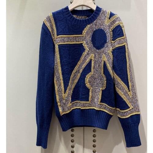 Runway Casual Cashmere Blue Gold Yarn Embroidery Loose Soft Sweater Women High Quality woole Pullover Lady 2021 Autumn Winter