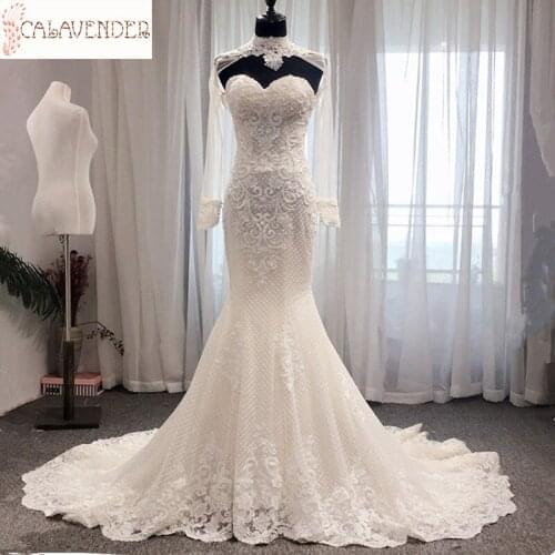 White Long Sleeve Lace Wedding Dresses Mermaid High Neck Appliques Pearls Beaded robe mariage femme Lace Up Back Wedding Gowns