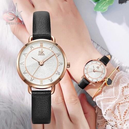 Creative Women Casual Watch Minimalism Rose Gold SHENGKE Lady Quartz Wristwatch Black Leather Starry Sky Watch for Women