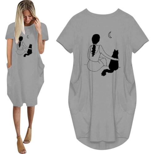 Cat Lovely Animal Print Women Summer Short Sleeve Casual Dress With Pocket Ladies Fashion O Neck Long Tops Female T Shirt Dress